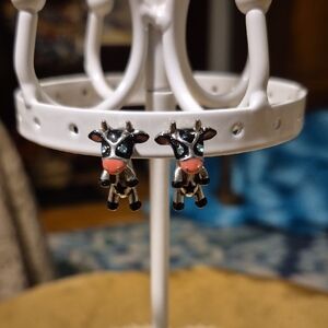 Betsey Johnson Black and White Cow Earrings with Pink Accents